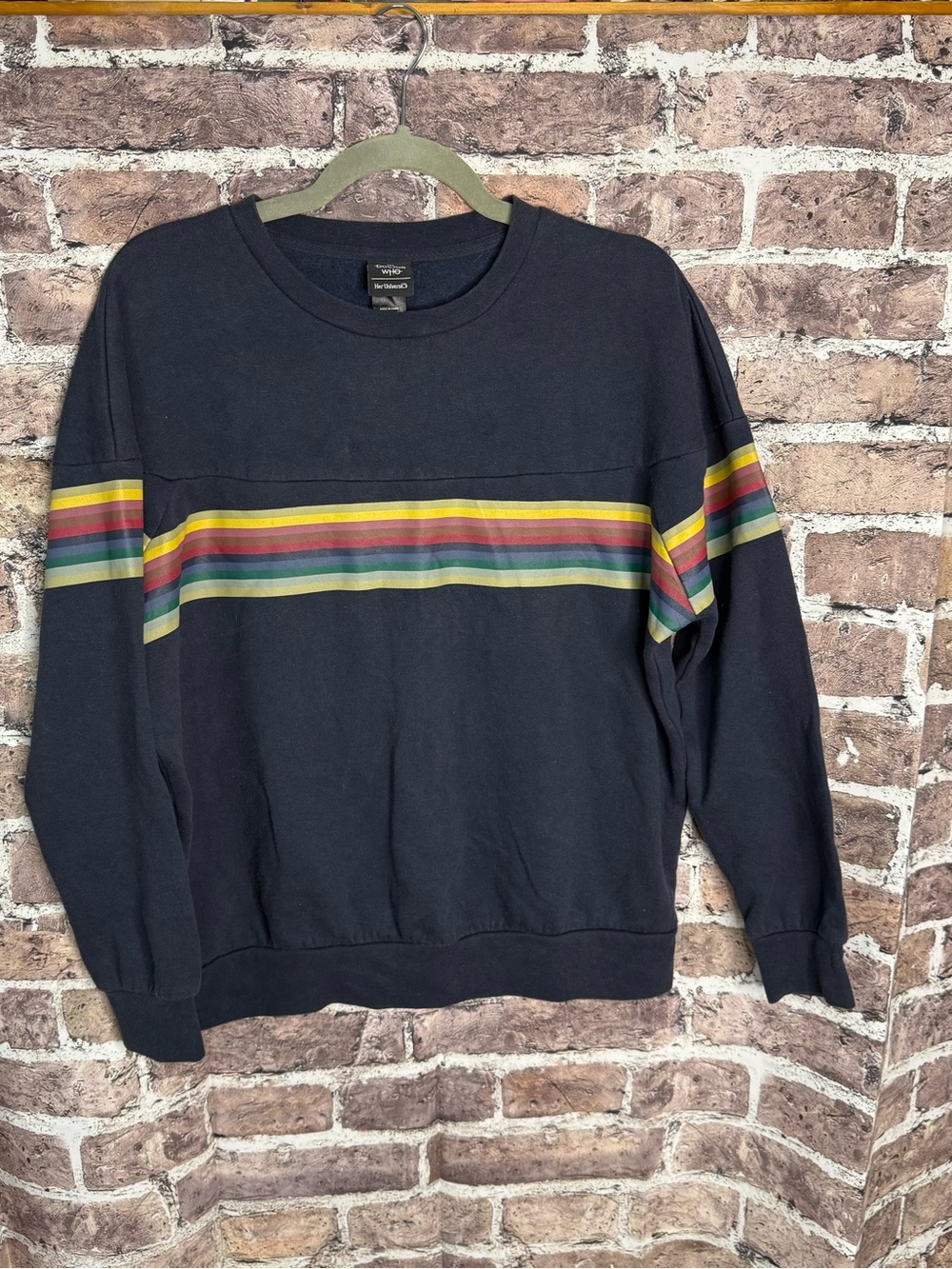 Her Universe Navy Crewneck Sweater with Rainbow Chest Stripe